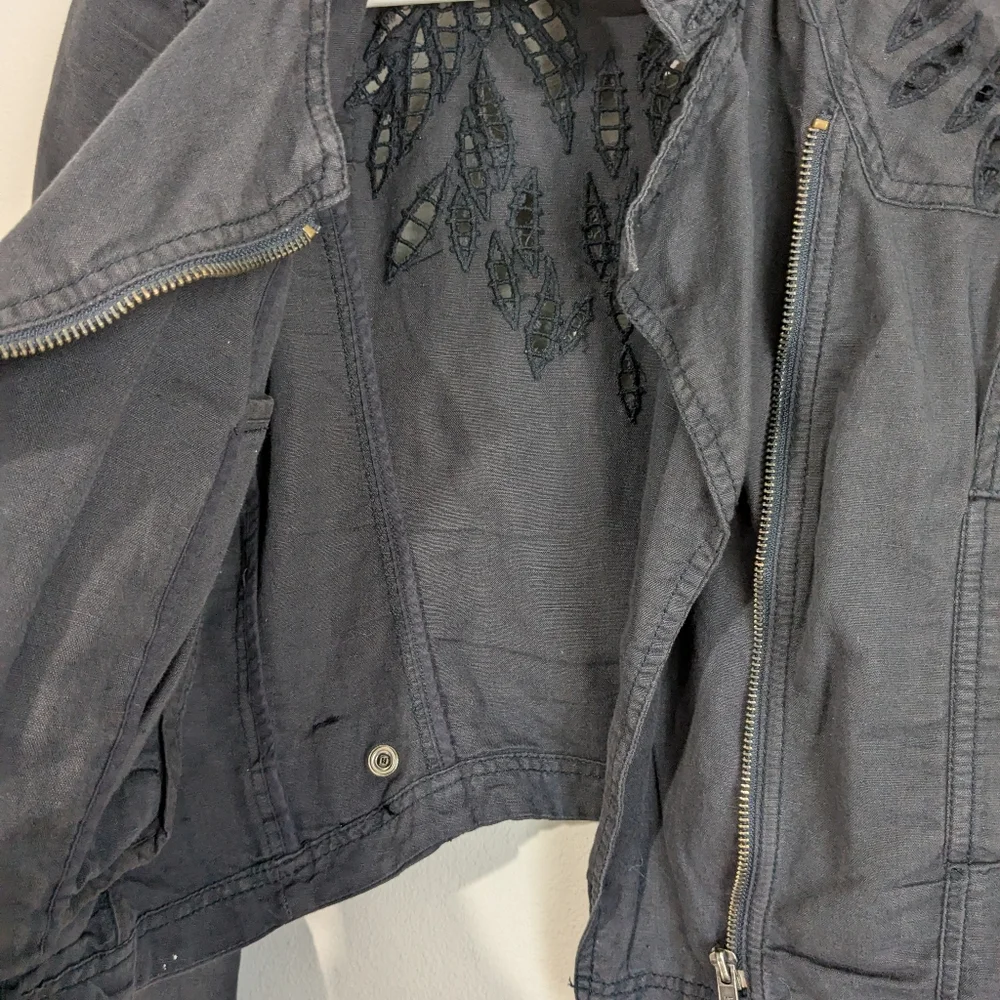 Free People Black Moto Jacket Cutwork Asymmetrical Zip Embroidered Shoulders
